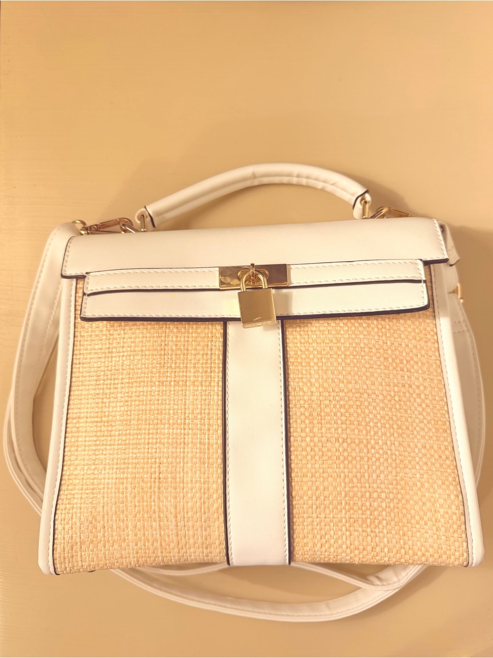 White & Natural Woven Top-Handle Satchel